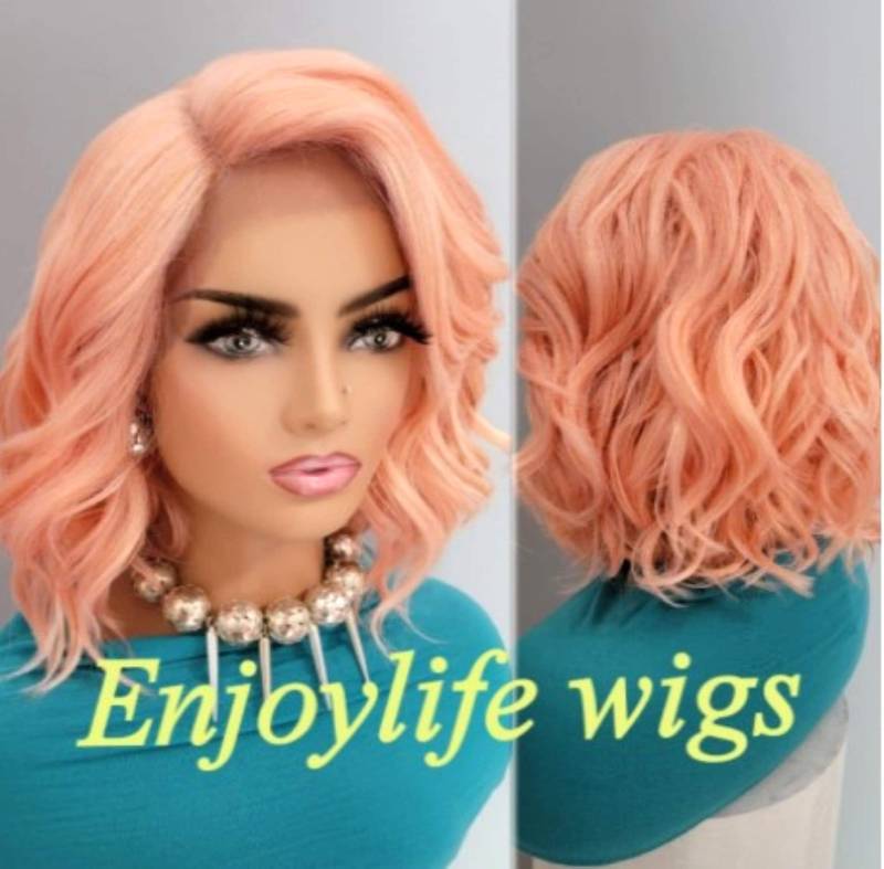 Pfirsich Sherbert Rosa Creme Wellige Spitzen-Perücke Mit Tief Natürlich Anmutendem Seitenteil von Etsy - Enjoylifewigs