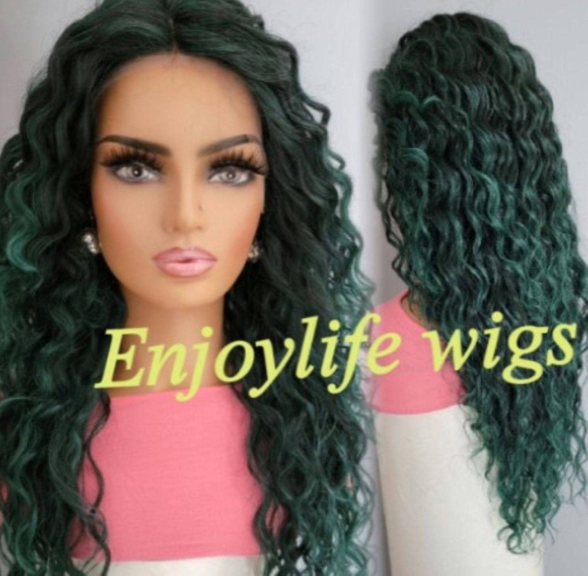 Smaragdgrün H.d Schwarze Wurzel Lockige Wasserwelle Spitzenfront Perücke von Etsy - Enjoylifewigs