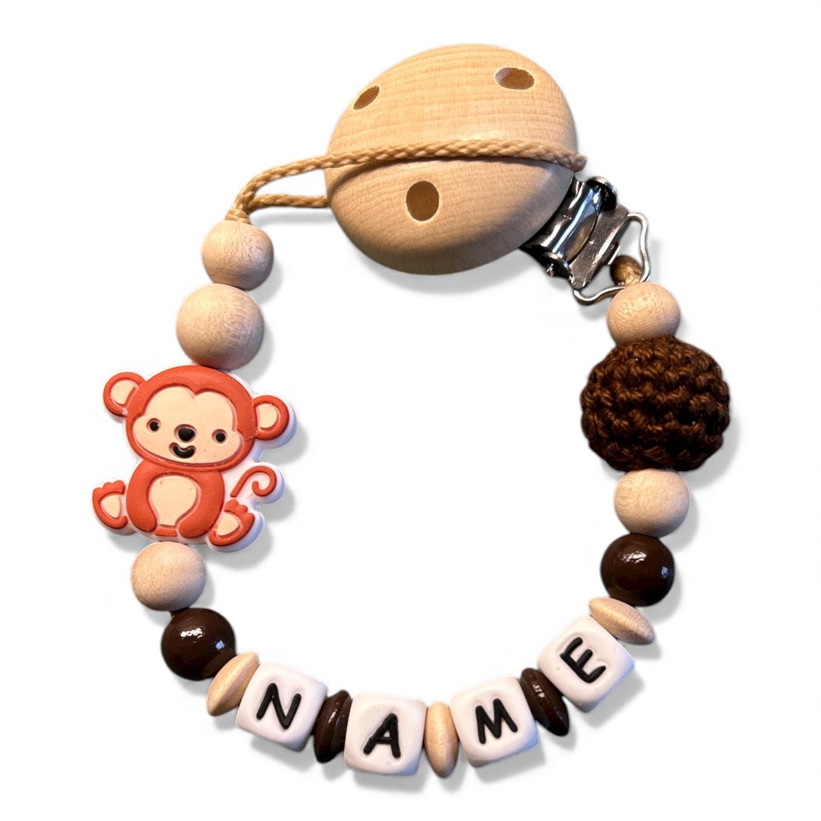 Nuckelkette Schnullerkette Affe Mit Namen Und Häkelperle Nuckelkette Schnullerkette Affe Mit Namen Und Häkelperle von Etsy - EulenshopVonBiene