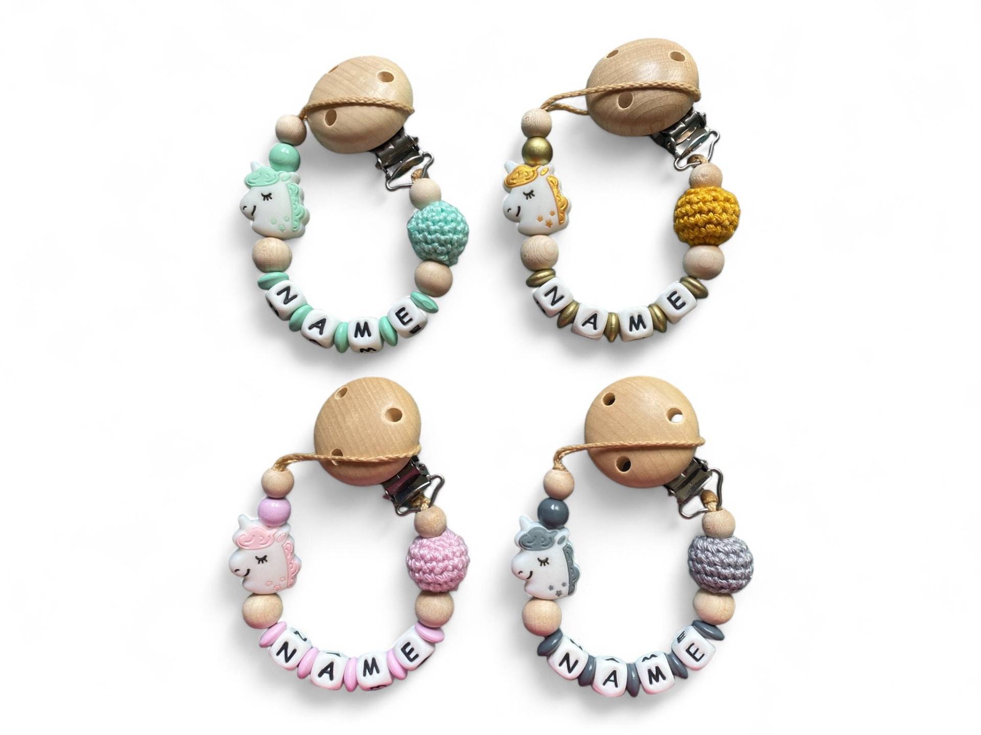 Nuckelkette Schnullerkette Einhorn Mit Namen Und Häkelperle von Etsy - EulenshopVonBiene