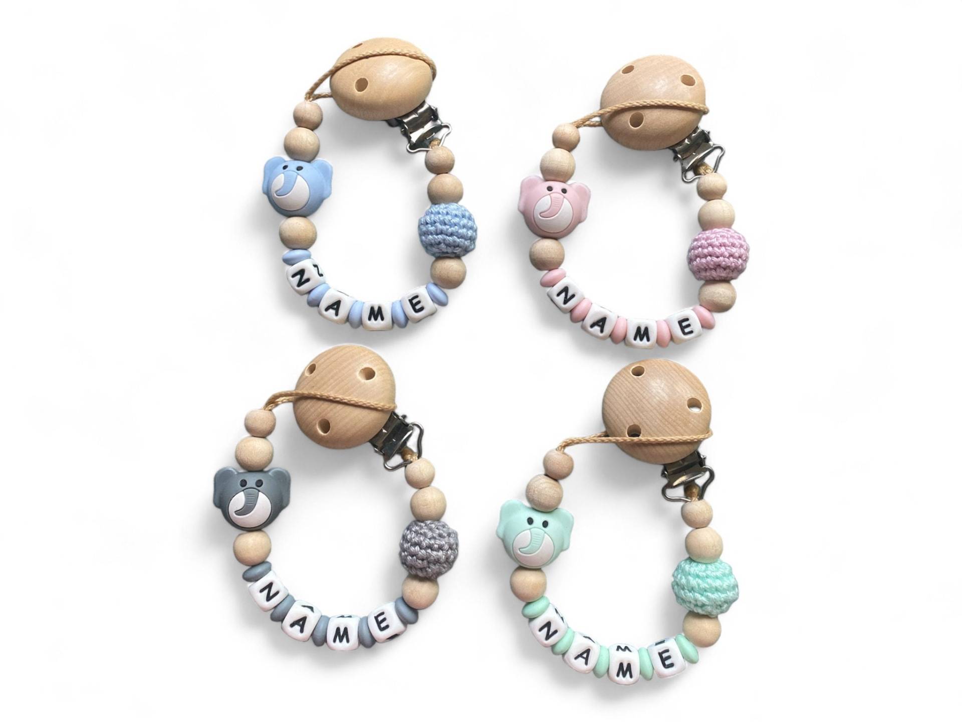 Nuckelkette Schnullerkette Elefant Mit Namen Und Häkelperle Nuckelkette Schnullerkette Elefant Mit Namen Und Häkelperle von Etsy - EulenshopVonBiene