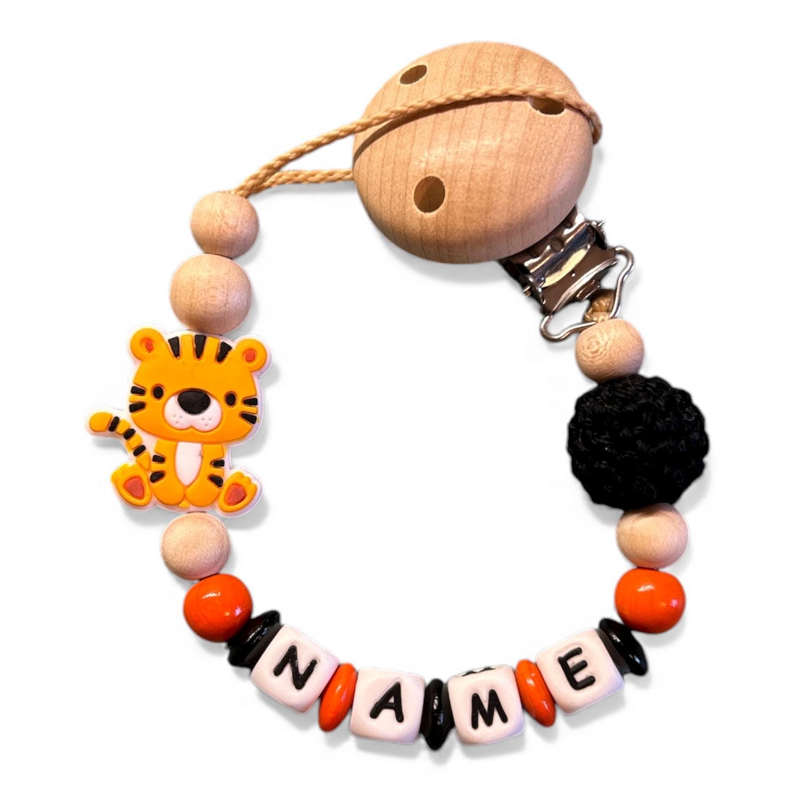 Nuckelkette Schnullerkette Tiger Mit Namen Und Häkelperle Nuckelkette Schnullerkette Tiger Mit Namen Und Häkelperle von Etsy - EulenshopVonBiene