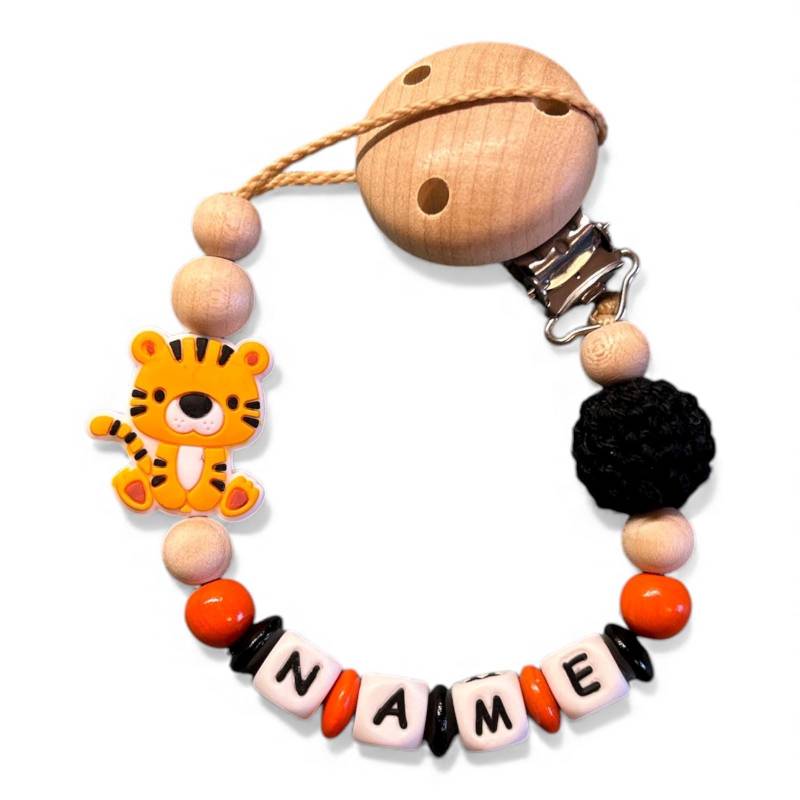Nuckelkette Schnullerkette Tiger Mit Namen Und Häkelperle Nuckelkette Schnullerkette Tiger Mit Namen Und Häkelperle von Etsy - EulenshopVonBiene