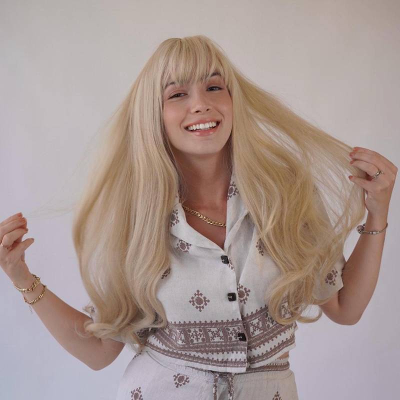 Goldene Blonde Gewellte Natürliche Perücke Mit Pony Cosplay Halloween Kostüm Uk Lager von Etsy - Evanesswigs
