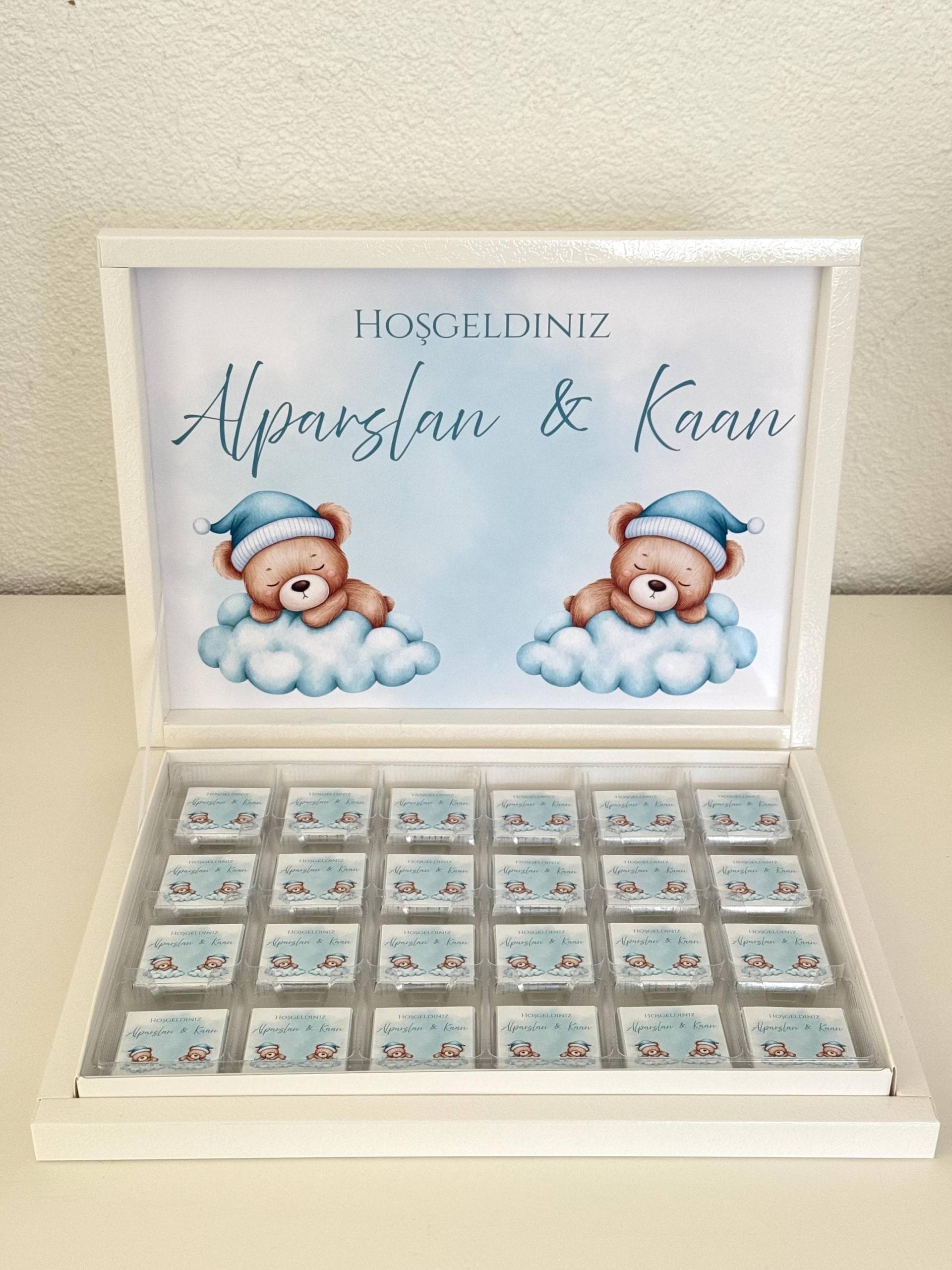 Personalisierte Schokolade Box Zwillinge Baby Gastgeschenke Geburt Taufe Mevlüt Teddy Blau Mit Namen von Etsy - EymaKunst