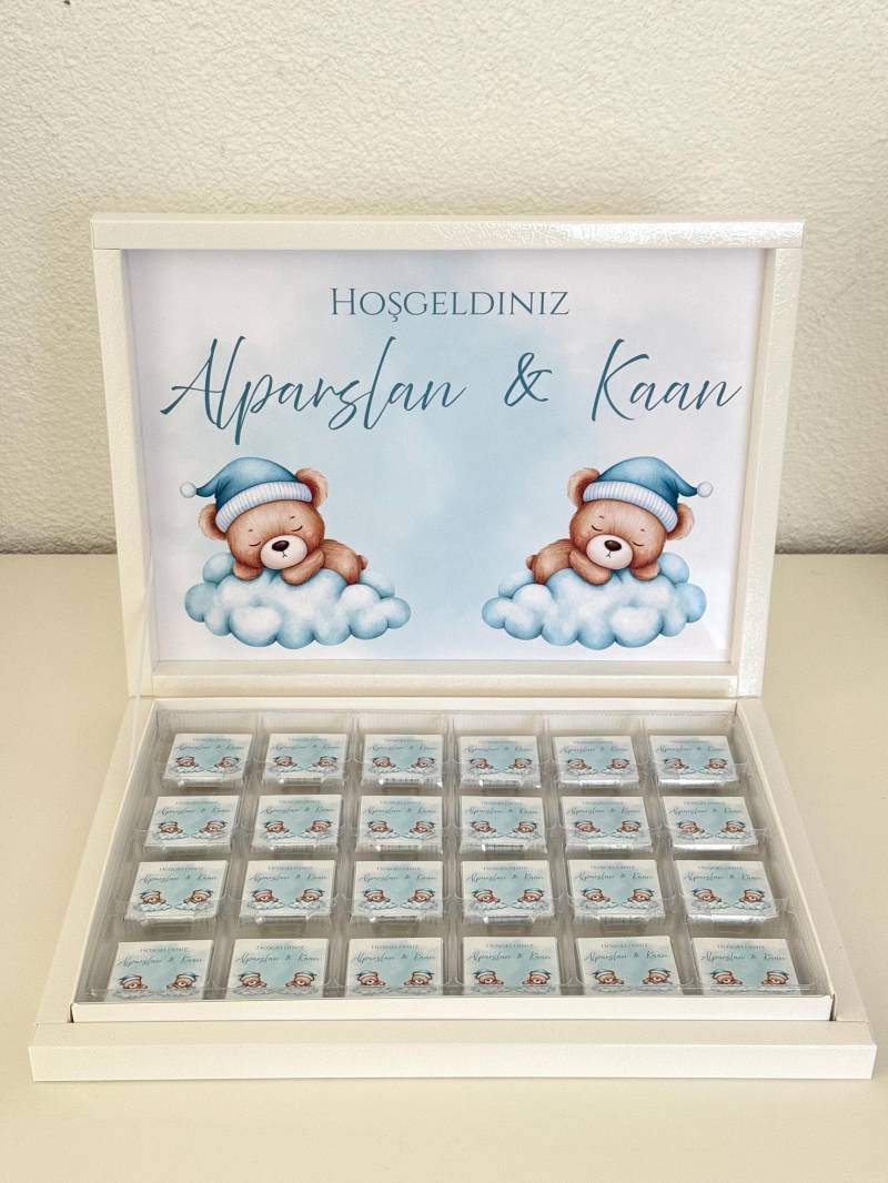 Personalisierte Schokolade Box Zwillinge Baby Gastgeschenke Geburt Taufe Mevlüt Teddy Blau Mit Namen von Etsy - EymaKunst
