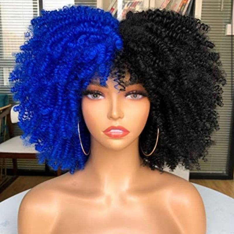 Schwarz & Blau Split Dye 14" Curly Bang Fro Natural Girl Wig von Etsy - FASHIONDEITY