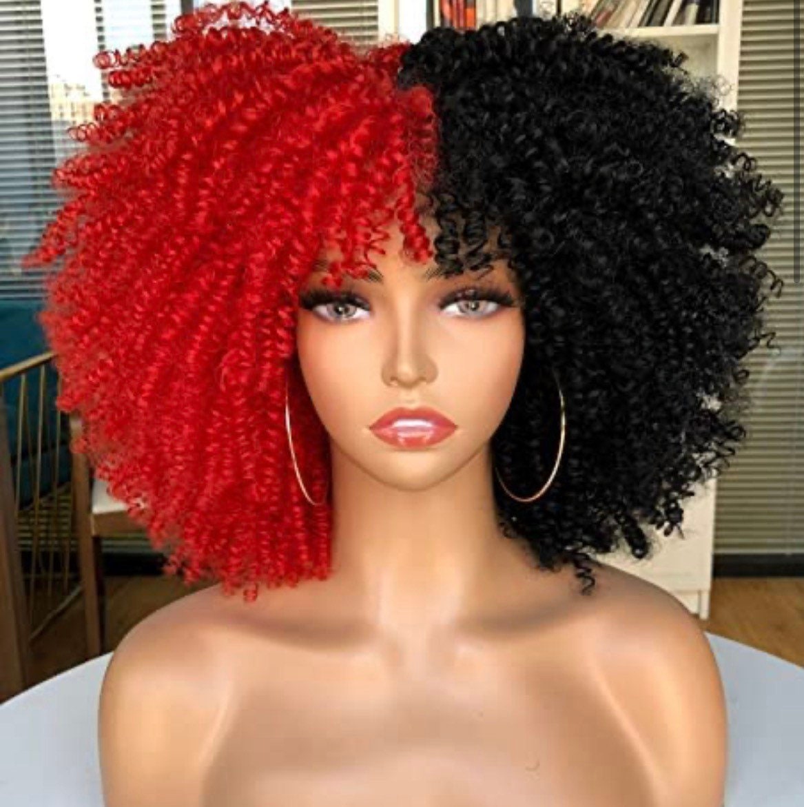 Schwarz & Rot Split Dye 14" Curly Bang Fro Natural Girl Wig von Etsy - FASHIONDEITY