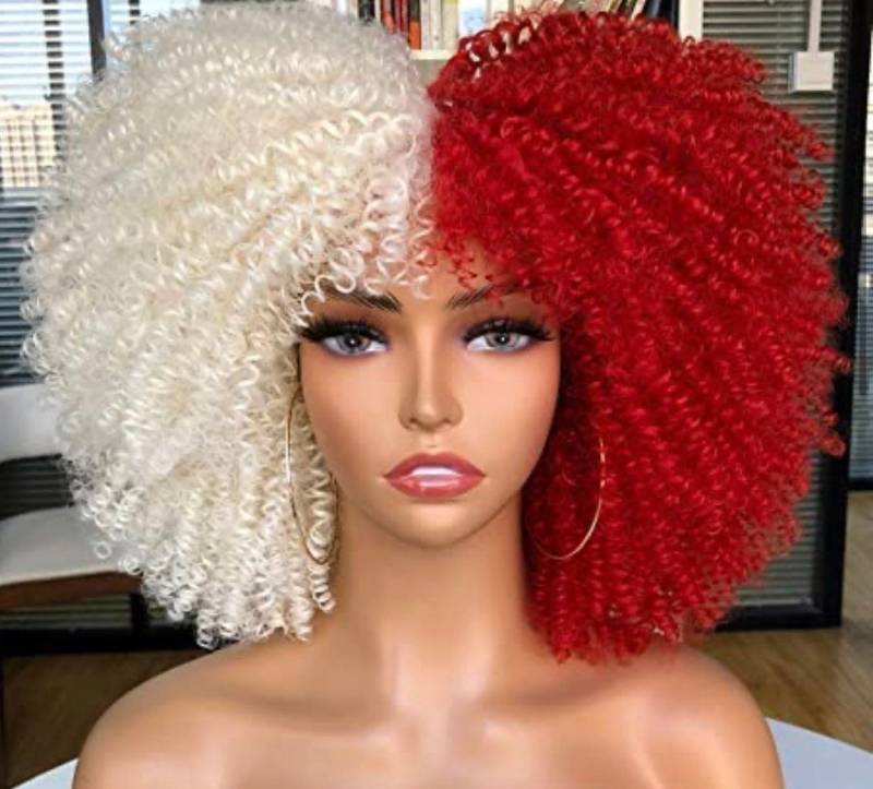 Weiß Blond & Rot Split Dye 14" Curly Bang Fro Natural Girl Wig von Etsy - FASHIONDEITY