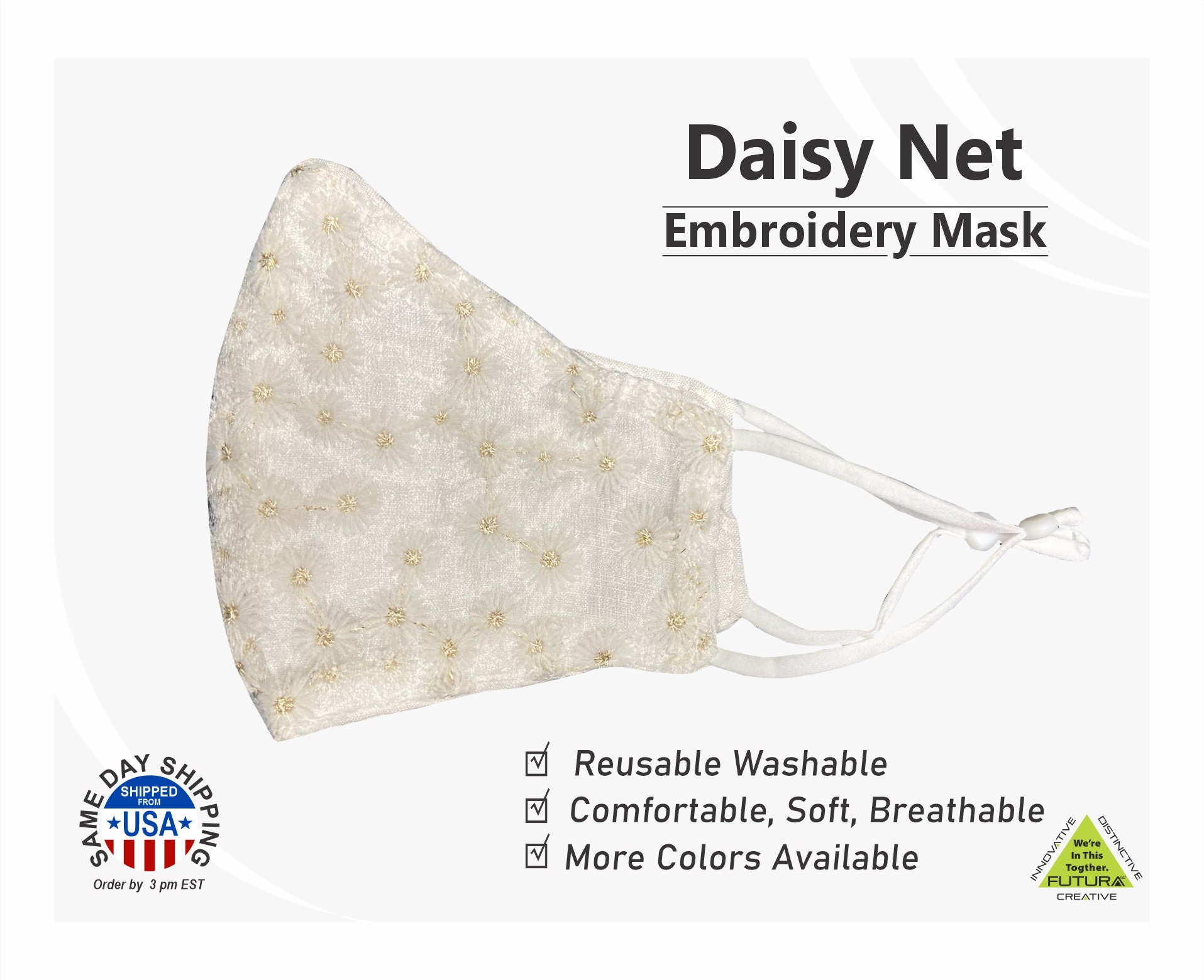 Daisy Net Embroidery Multi Style Mesh Waschbare Baumwoll Gesichtsmaske - Weiß von Etsy - FUTURASUBLIMATION