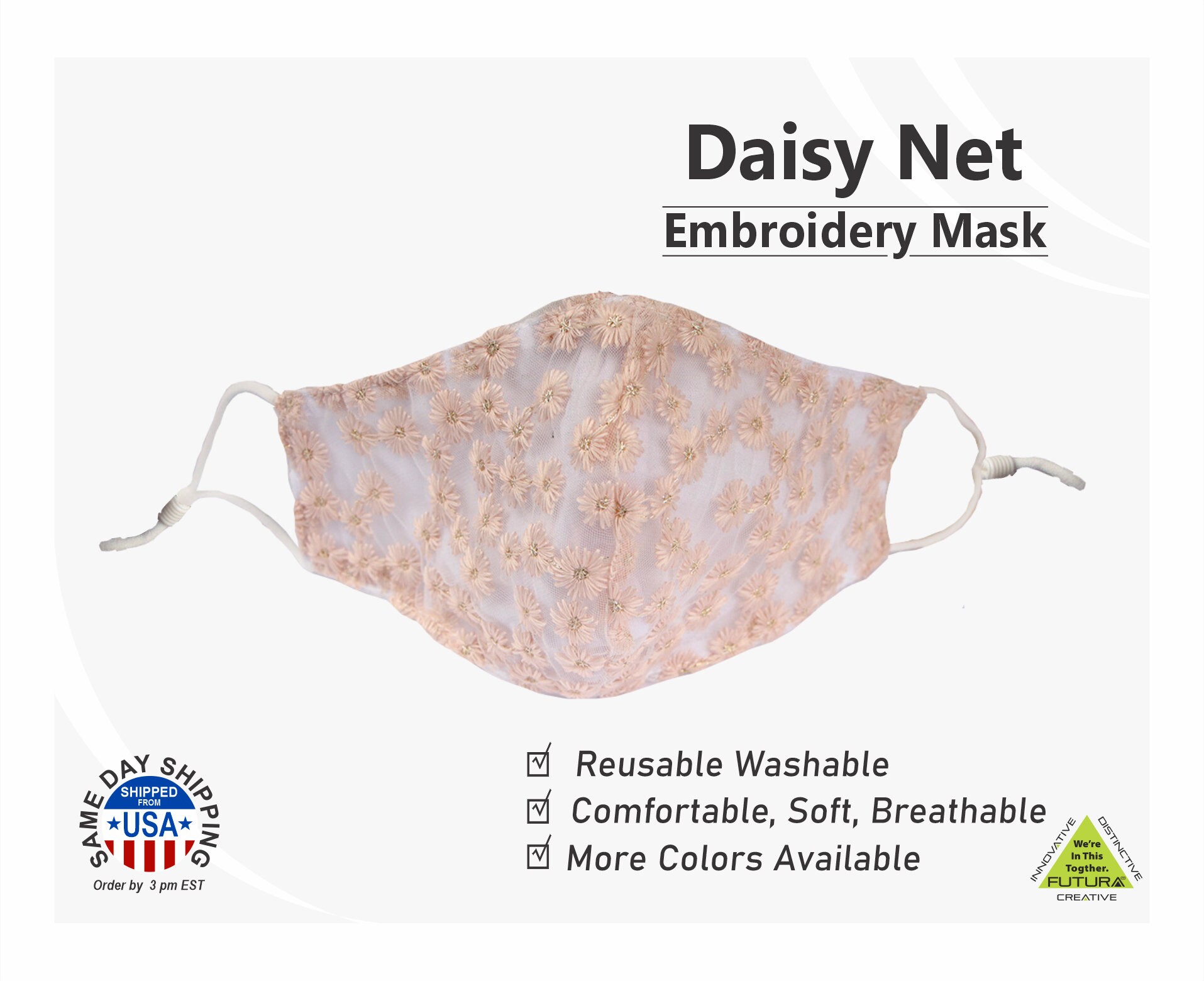Daisy Net Embroidery Multi Style Mesh Waschbare Gesichtsmaske Aus Baumwolle - Hellrosa von Etsy - FUTURASUBLIMATION