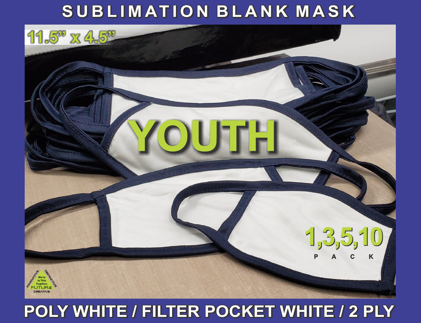 Navy Trim Jugend Weiß Sublimationsrohlinge Maske - 11, 5 ″ X 4, 5 Erhältlich 1, 3, 5, 10 Pack Color Mask von Etsy - FUTURASUBLIMATION
