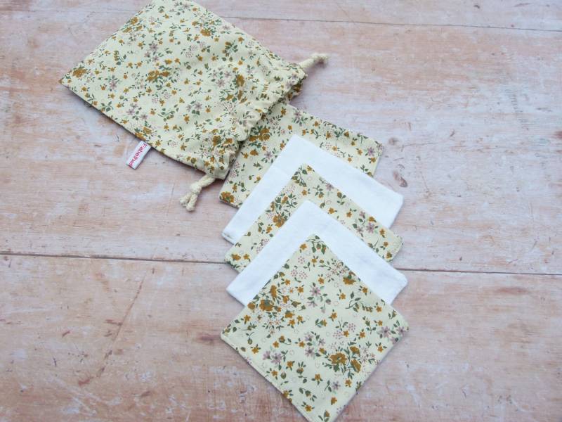 Wiederverwendbare Kosmetikpads, Reinigungspads, Cotton Rounds/5-Er Set Mit Säckchen Kleine Gelbe Blümchen von Etsy - Fabelhaftewerkstatt