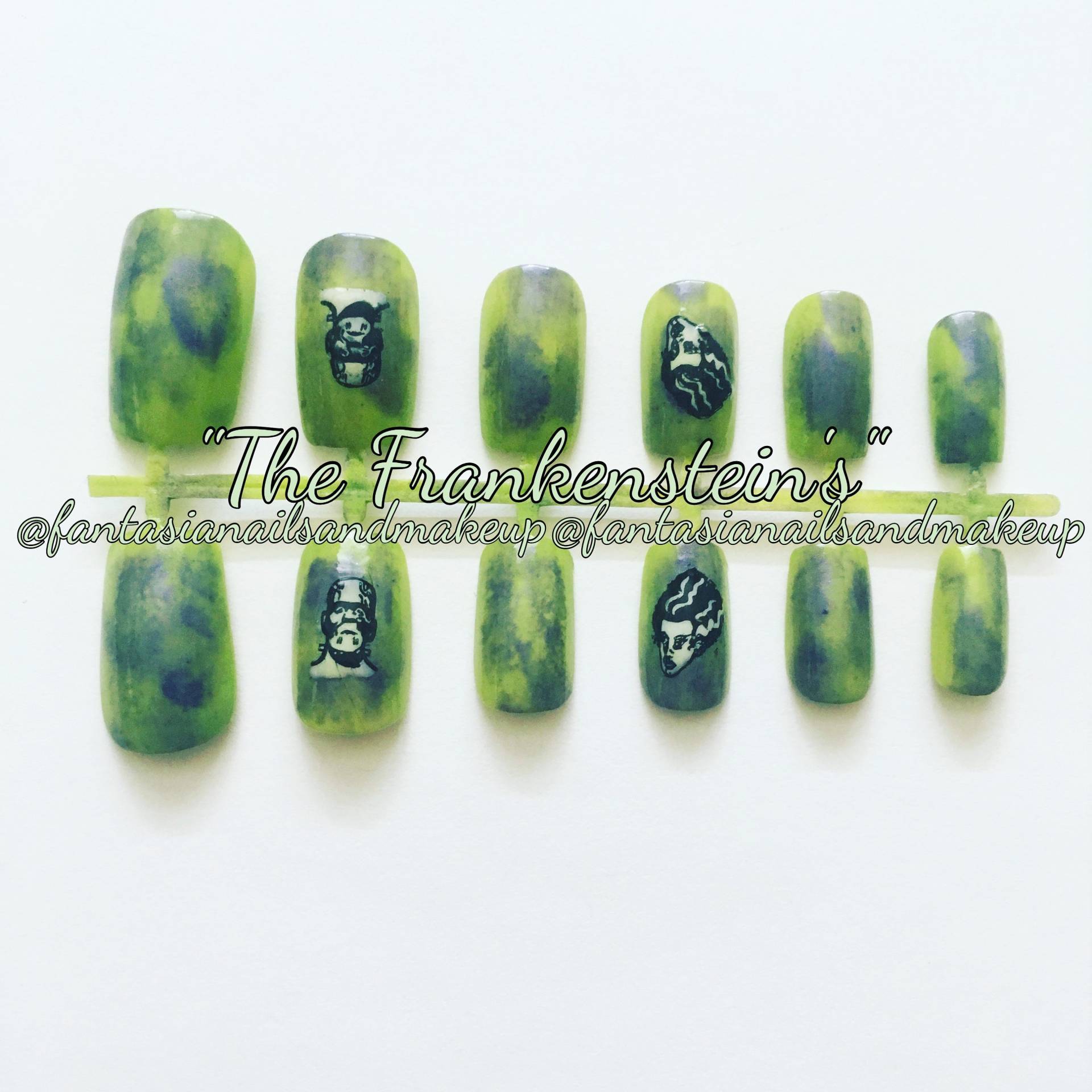 Grün Frankenstein Press On Nails Halloween-Monster-Quadrat-Kunstnagel-Set von Etsy - FantasiaNails