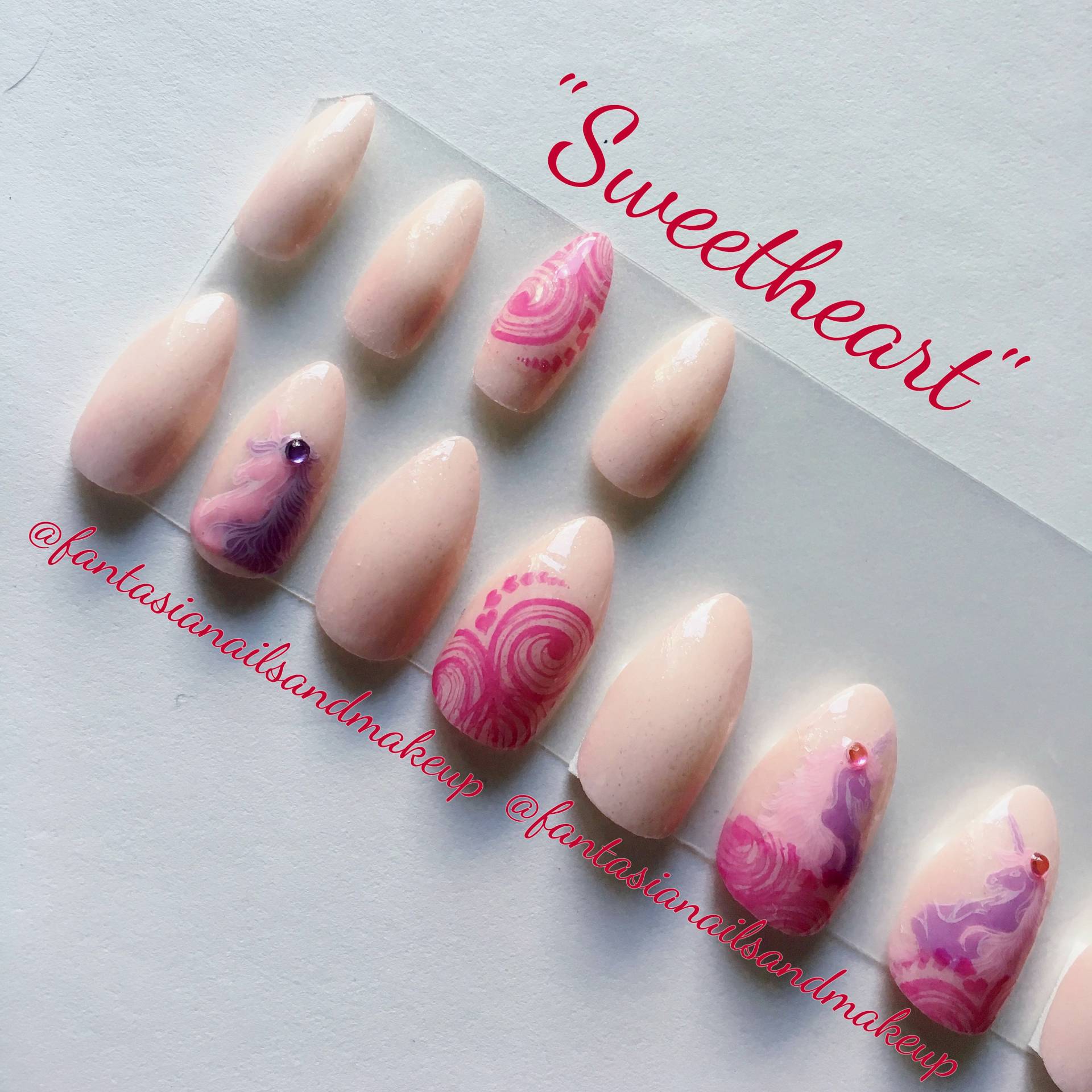 Rosa Einhorn Herz Nägel - Valentine Stiletto Auf Die Nägel Drücken - Kleben - Künstlicher Nagel-Set - Falsche Kunstnägel - Acrylnägel von Etsy - FantasiaNails