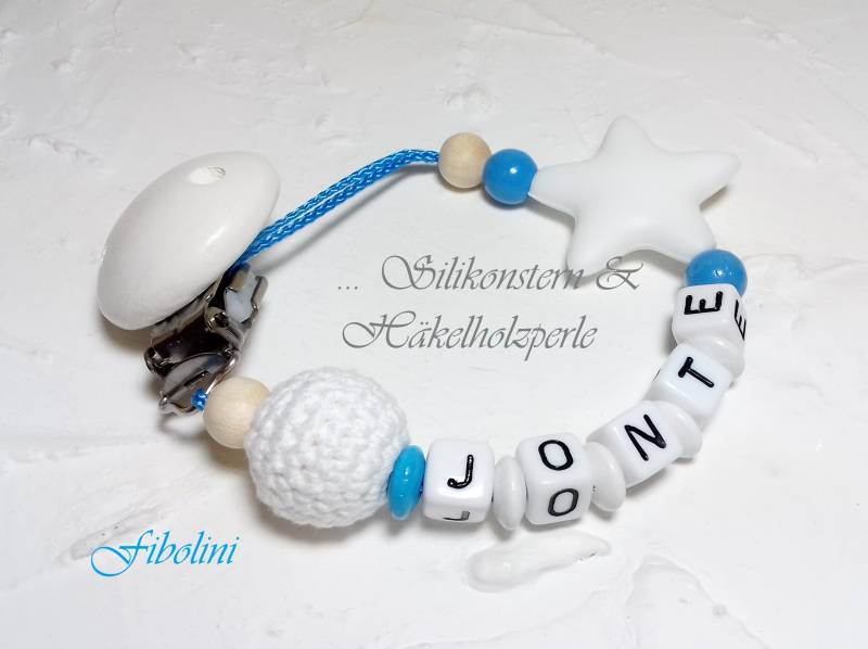 Schnullerkette "Blau" ++Silikonstern & Häkelholzperle von Etsy - Fibolini