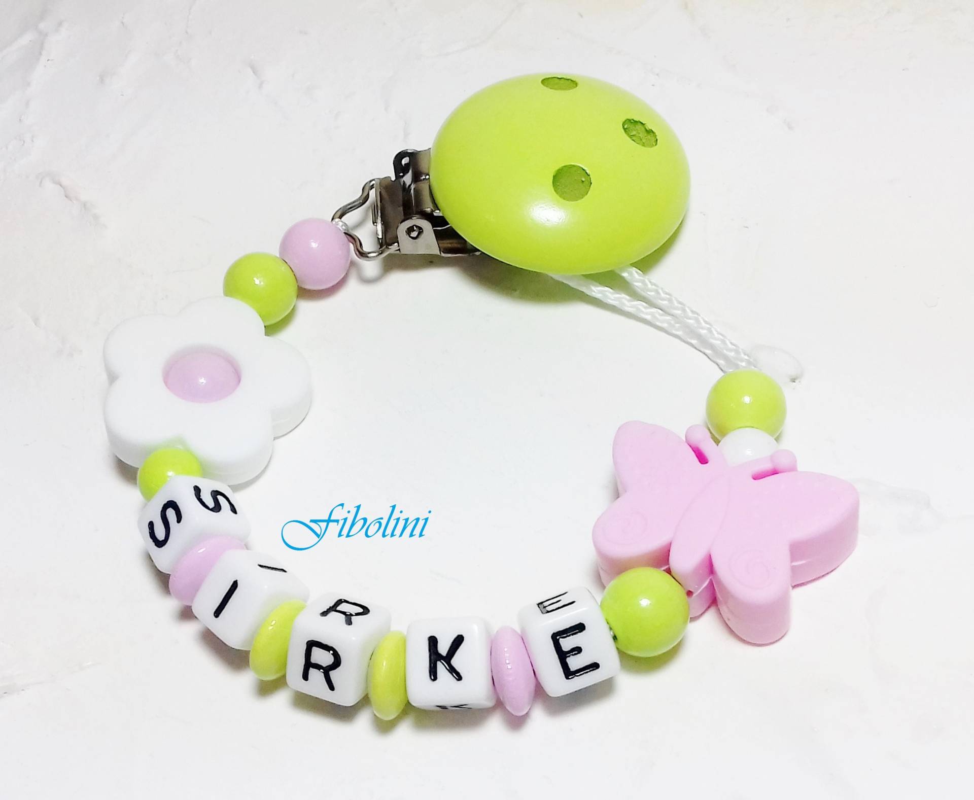 Schnullerkette "Frühling". Lemon, Rosa, Weiß, Blume, Schmetterling, Nuckelkette, Schnullerhalter, Silikonadapter, Glöckchen, Personalisiert Schnullerkette "Frühling". Lemon, Rosa, Weiß, Blume, Schmetterling, Nuckelkette, Schnullerhalter, Silikonadapter, Glöckchen, Personalisiert von Etsy - Fibolini