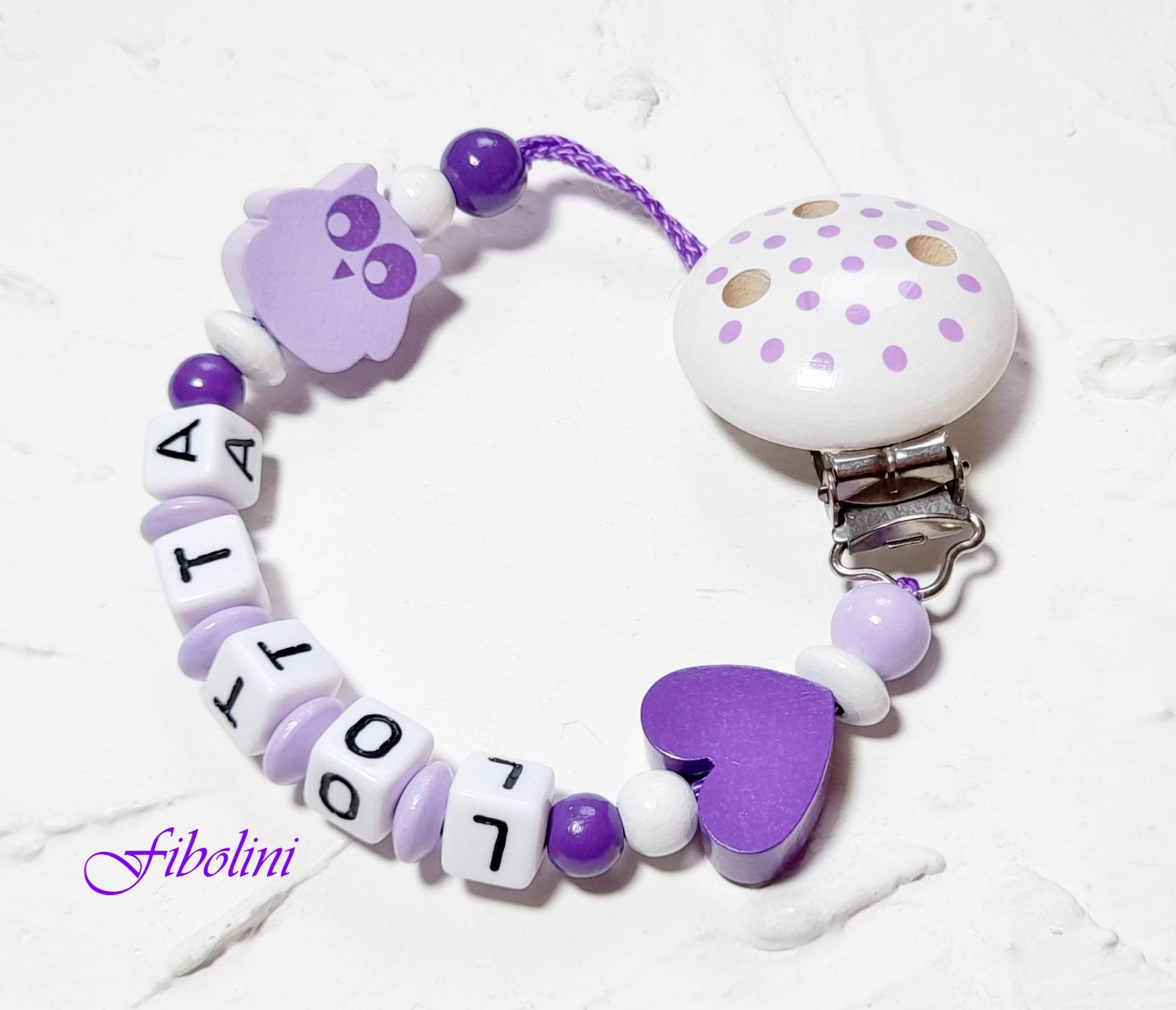 Schnullerkette "Lila". Weiß, Lila, Flieder, Eule, Herz, Schnullerband, Mädchen, Taufpate, Großeltern, Babyset, Nuckelkette, Perlen, Name Schnullerkette "Lila". Weiß, Lila, Flieder, Eule, Herz, Schnullerband, Mädchen, Taufpate, Großeltern, Babyset, Nuckelkette, Perlen, Name von Etsy - Fibolini