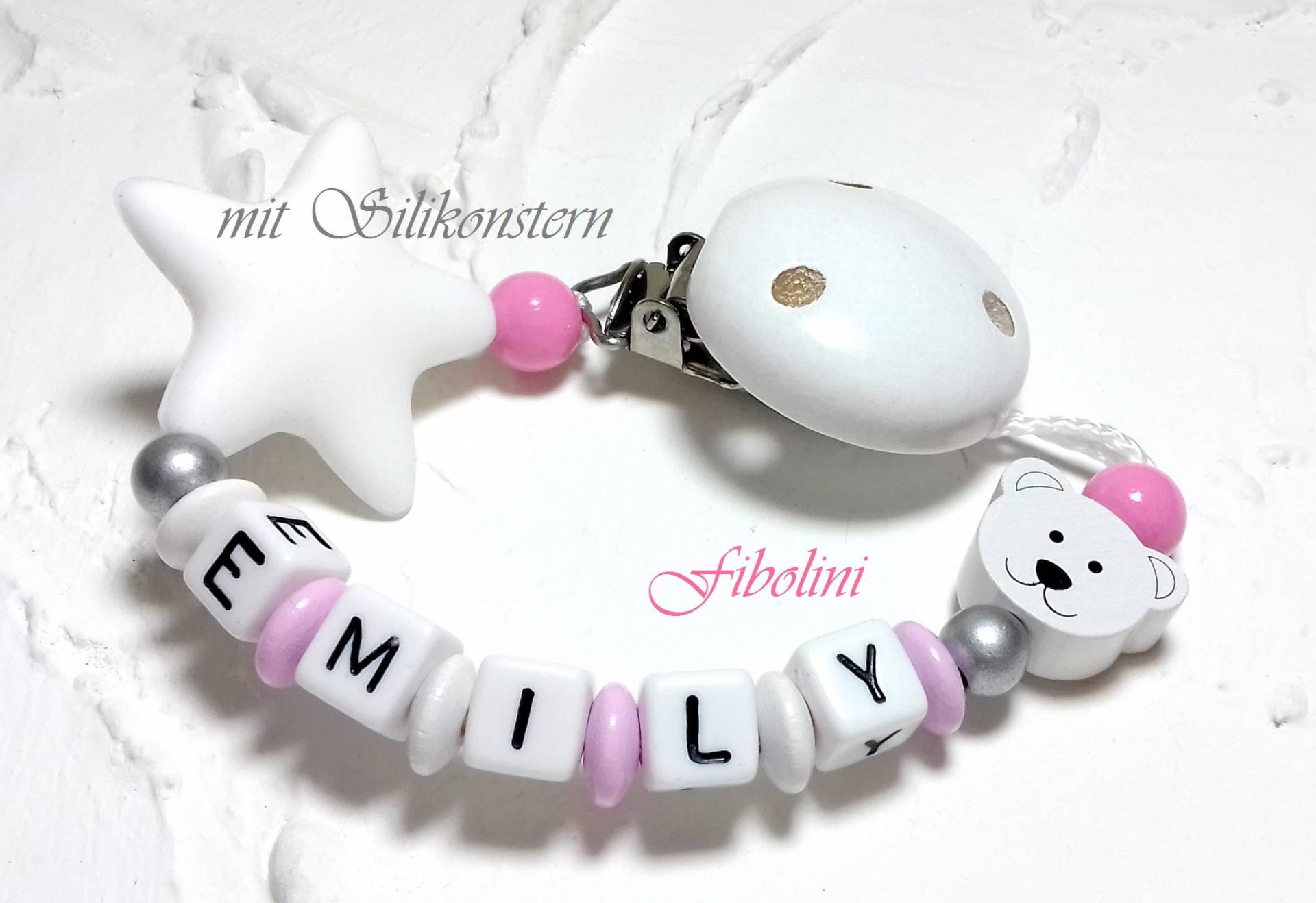Schnullerkette "Teddy" Silikonbeißstern. Taufe, Geburt, Babyparty, Silber, Weiß, Rosa, Schnullerhalter, Personalisiert, Mit Namen, Girl Schnullerkette "Teddy" Silikonbeißstern. Taufe, Geburt, Babyparty, Silber, Weiß, Rosa, Schnullerhalter, Personalisiert, Mit Namen, Girl von Etsy - Fibolini