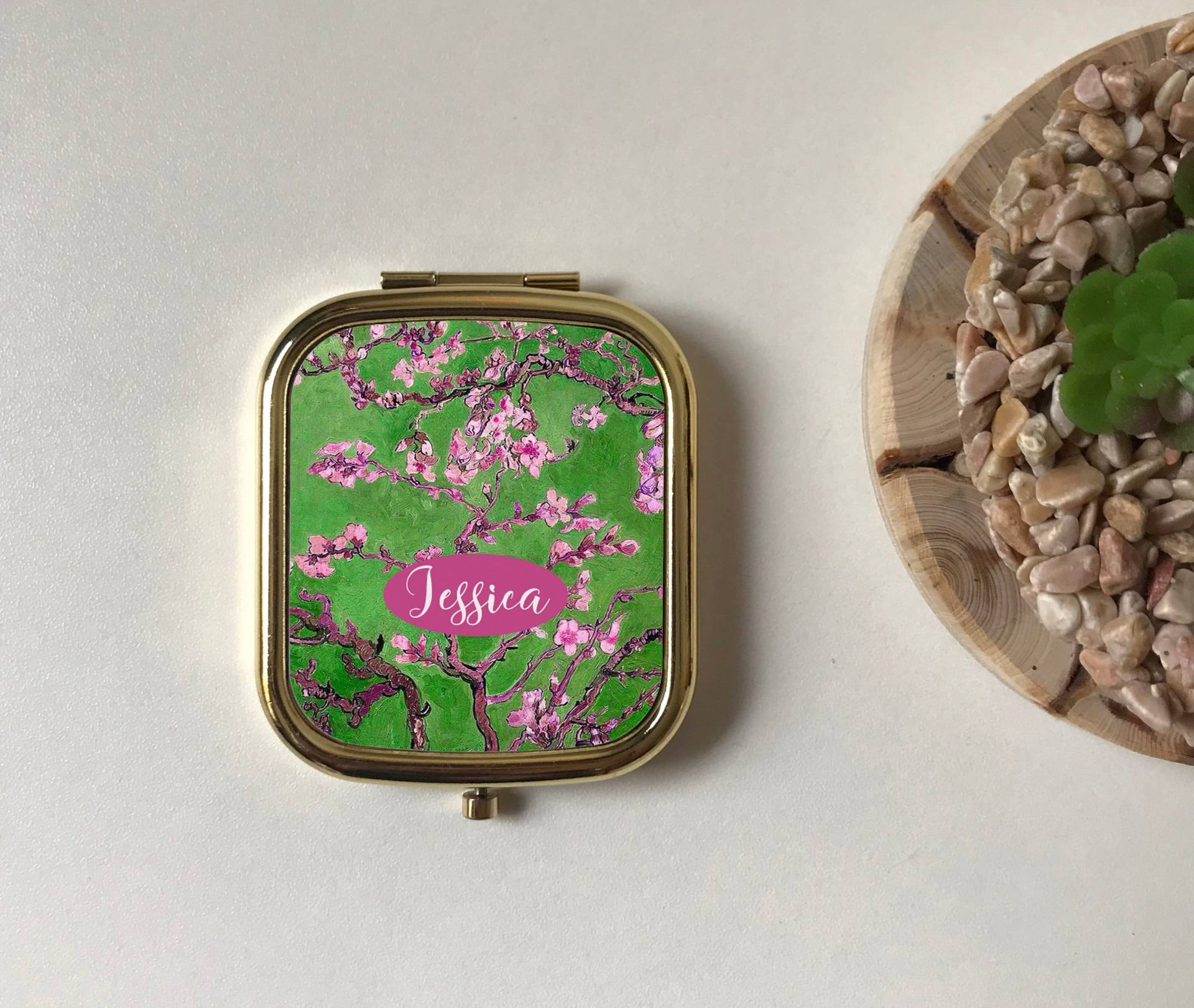 Mandelblüte Personalisierter Taschenspiegel, Van Gogh Silber Taschenspiegel, Keepsake Freund, Mama, Grün, Rosa, Weiß Mit Blumen, Rose Gold von Etsy - FinestGiftDesigns