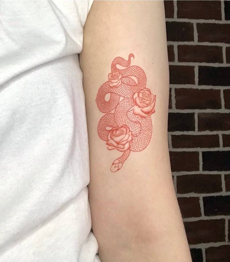 Rote Schlange Und Rosen - Temporäres Tattoo von Etsy - FleetingTattoo