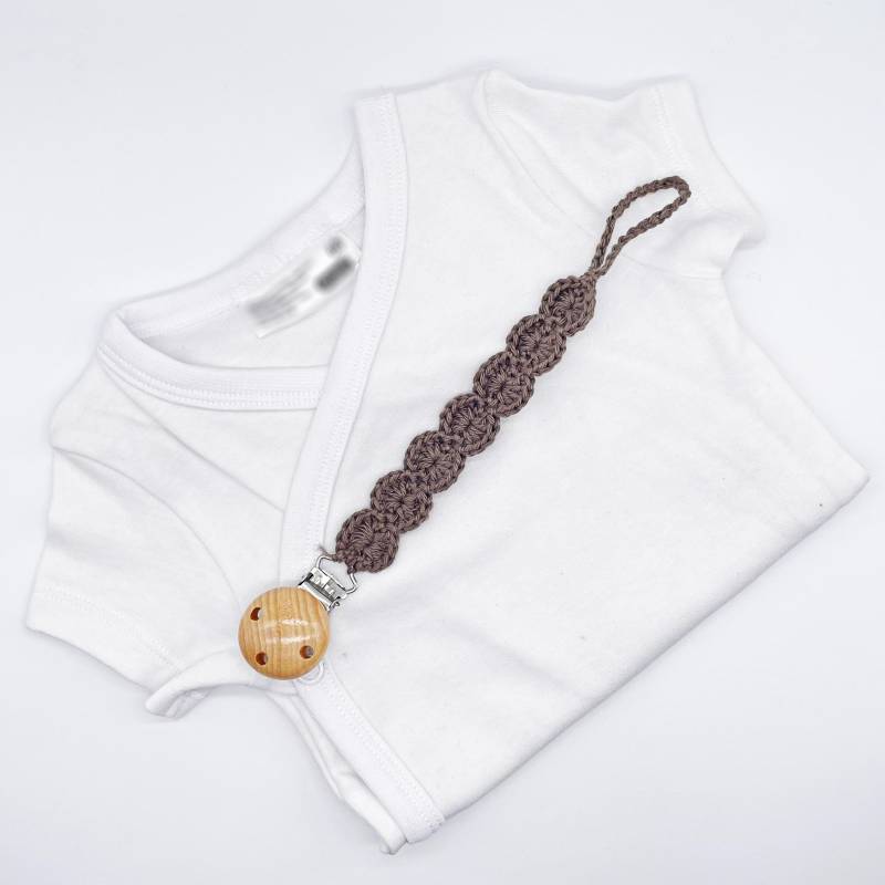 Schnullerband Baumwolle Braun Schnullerkette Handgemacht Baby Geschenk Naturfarben Schnullerhalter Unisex Neutral Windeltorte Babyparty von Etsy - FlorentinasPahihi