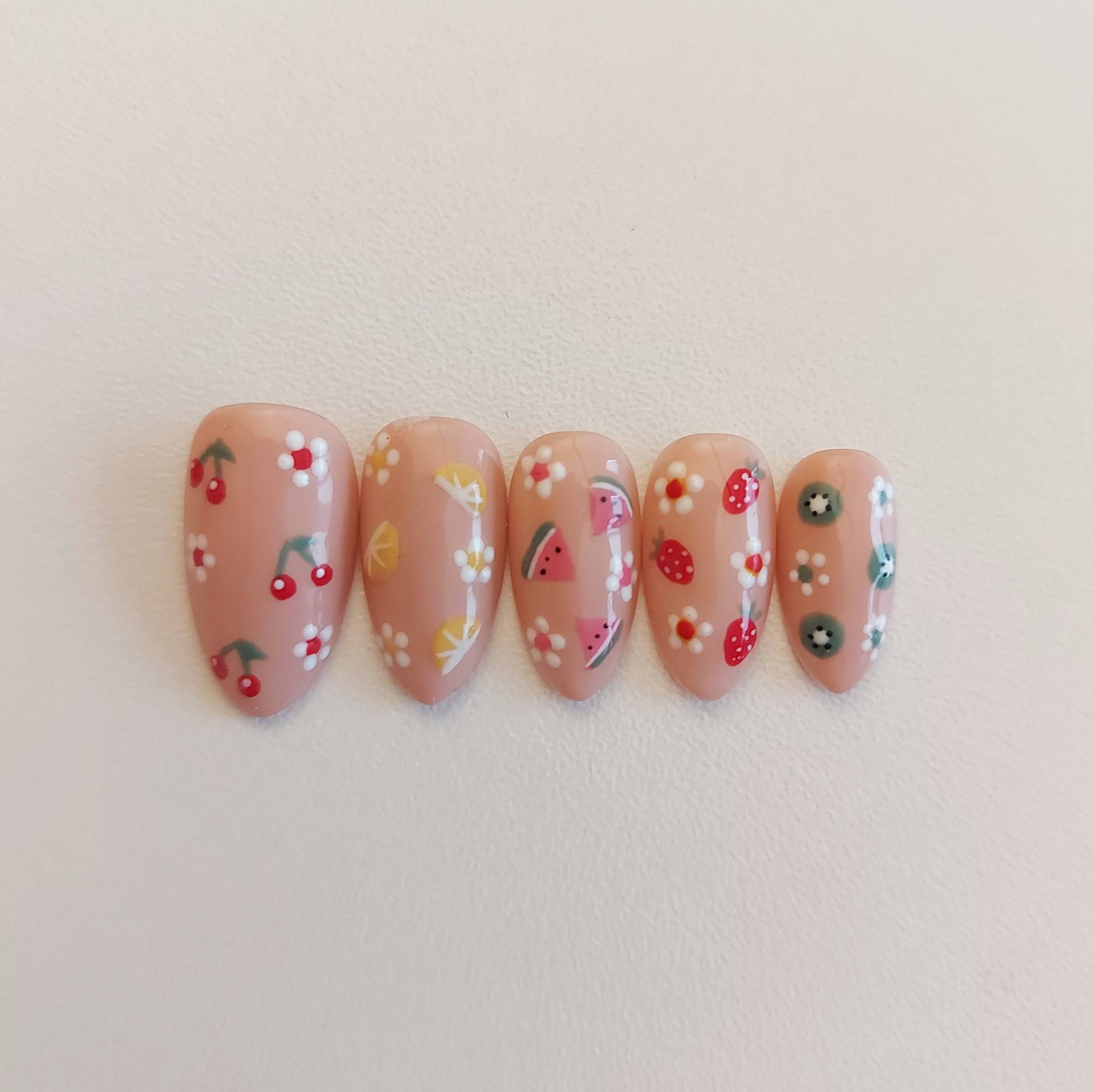 Press On Nails Fruits, Cherry, Lemon, Watermelon, Strawberry, Kiwi, Summer von Etsy - ForestFairyNails