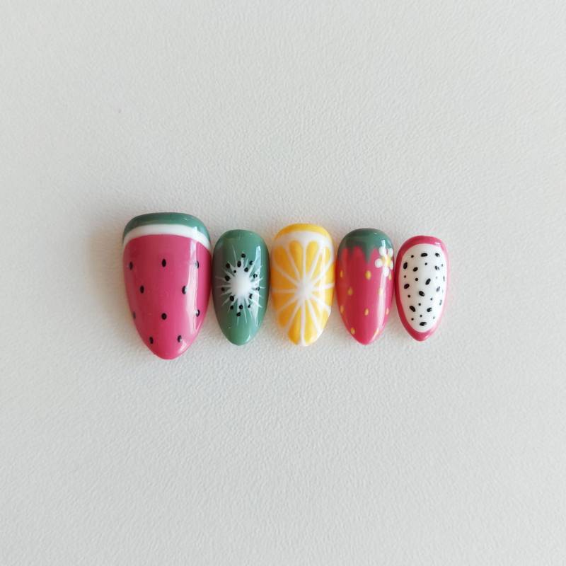 Press On Nails Fruits 2, Watermelon, Kiwi, Lemon, Strawberry, Dragonfruit, Summer von Etsy - ForestFairyNails