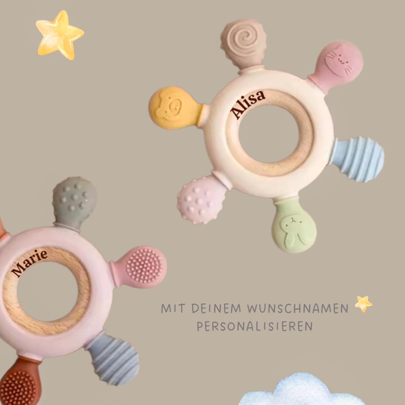 Personalisierter Baby Beißring/Silikon Montessori Spielzeug von Etsy - FoxyMoxyToys