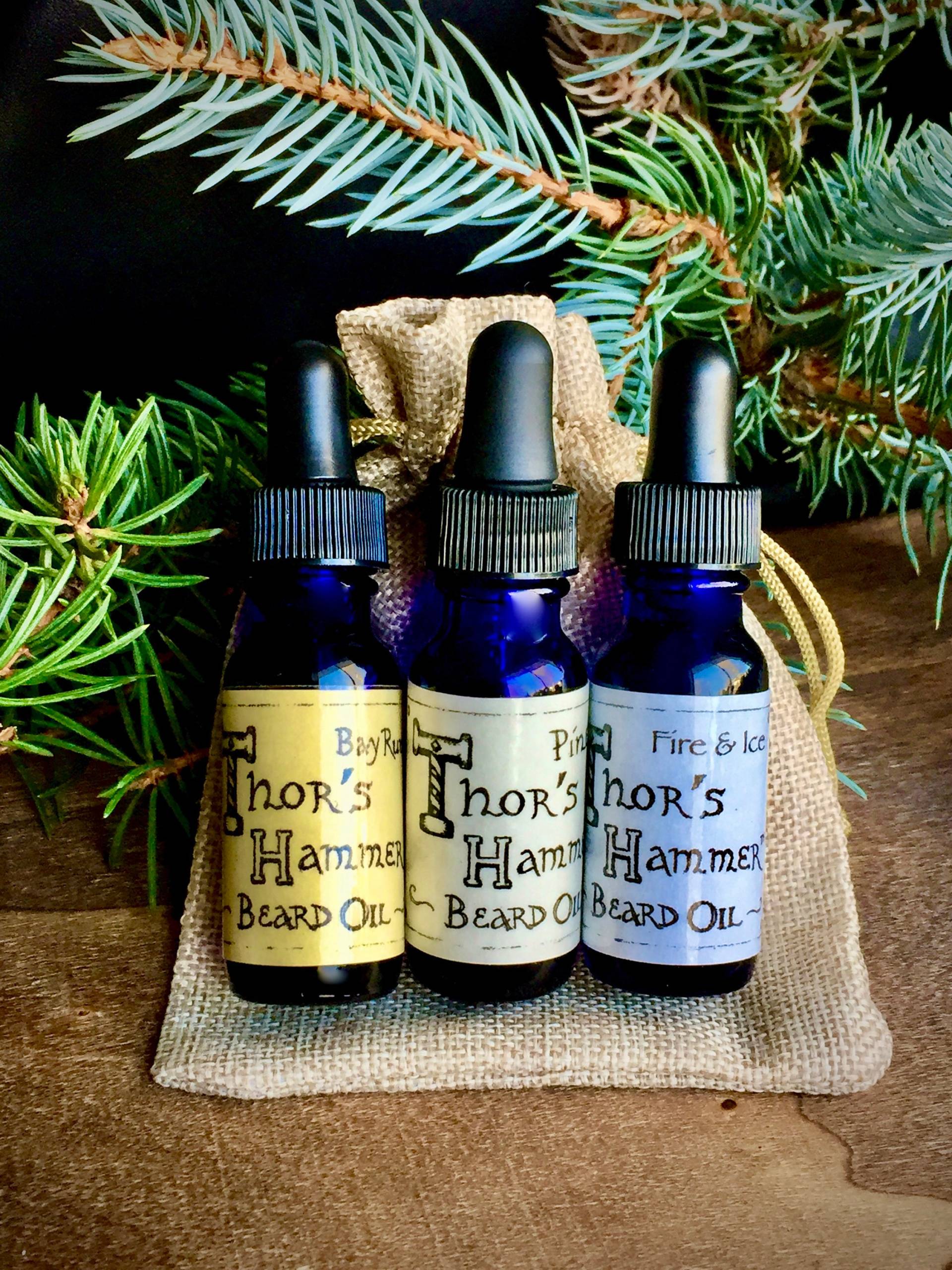 Viking Bartöl Sampler, Reise-Set, Geschenk-Set | Thors Hammer Bay Rum, Pine & Feuer + Eis, Nordmann Beard Oil Yule Gift von Etsy - FreyjasMagic