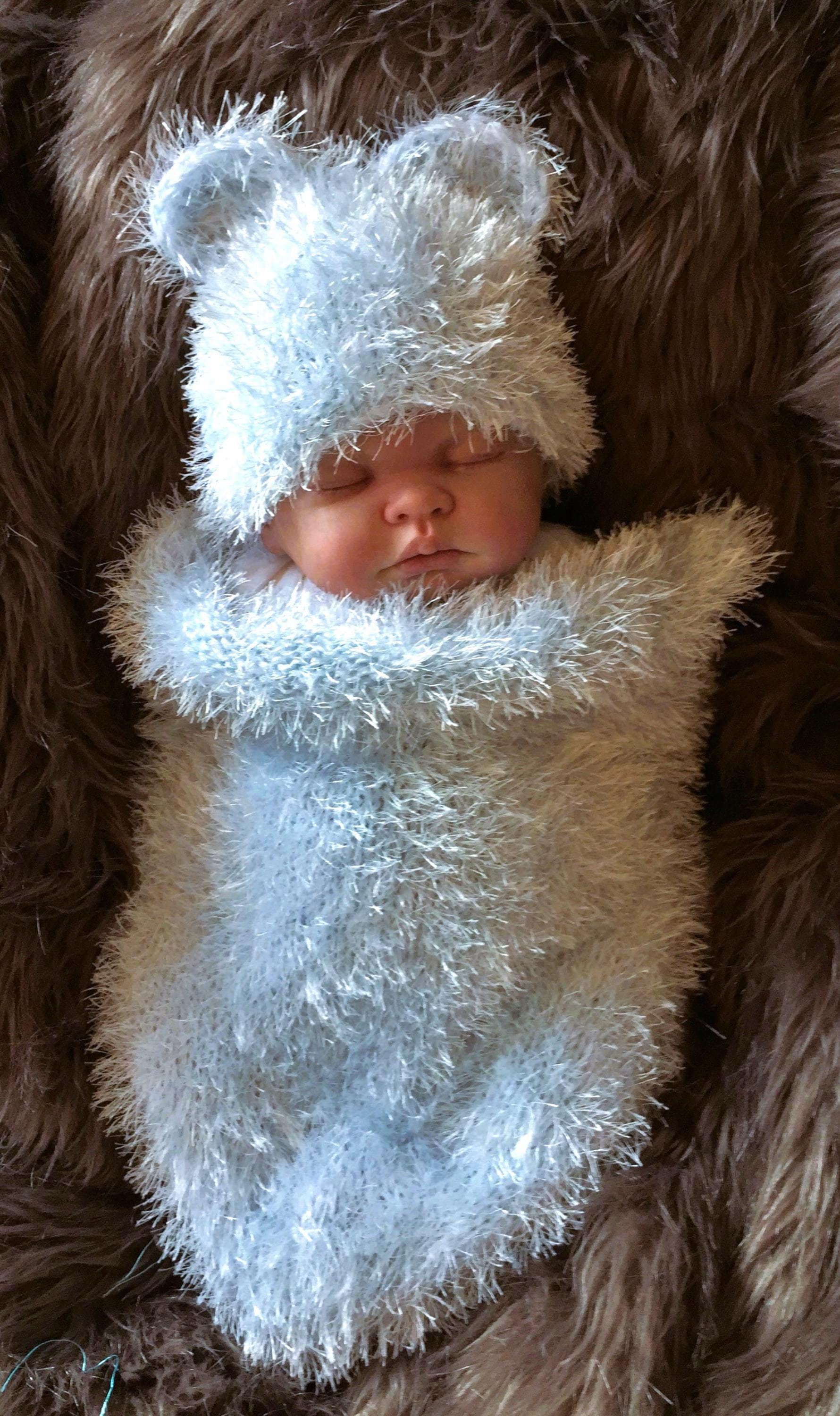 Handgestrickter Baby Teddy Bär Kokon Schlafsack Papoose & Mütze Beanie Blue Junge Kunstpelz Foto Fotografie Requisite Neugeborene - 6 Monate Uk von Etsy - FunkyKnitsUK