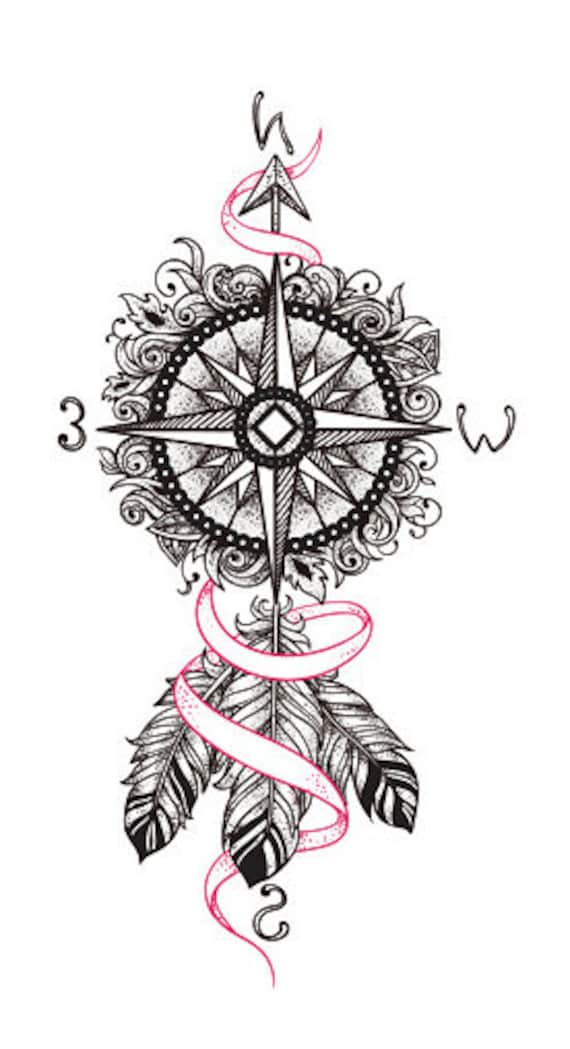 Kompass Mit Rosa Schleife Und Feder Tattoo Kompass Mit Rosa Schleife Und Feder Tattoo von Etsy - GAILY874