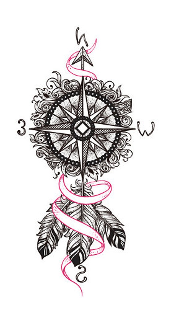 Kompass Mit Rosa Schleife Und Feder Tattoo von Etsy - GAILY874