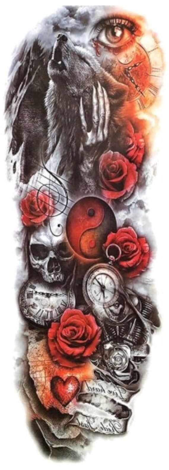Rose/Heulender Wolf Ganzarm Temporäres Tattoo Rose/Heulender Wolf Ganzarm Temporäres Tattoo von Etsy - GAILY874