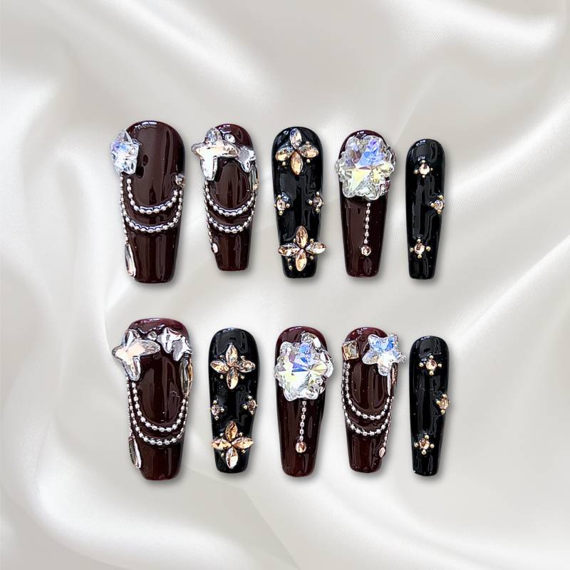 Midnight Mocha Crystals - Schwarz-Braune Pressnägel Mit 3D Strasssteinen, Elegante Statement Nägel Für Partys Und Glam Looks, Gothic von Etsy - GLOWGIRLZstore