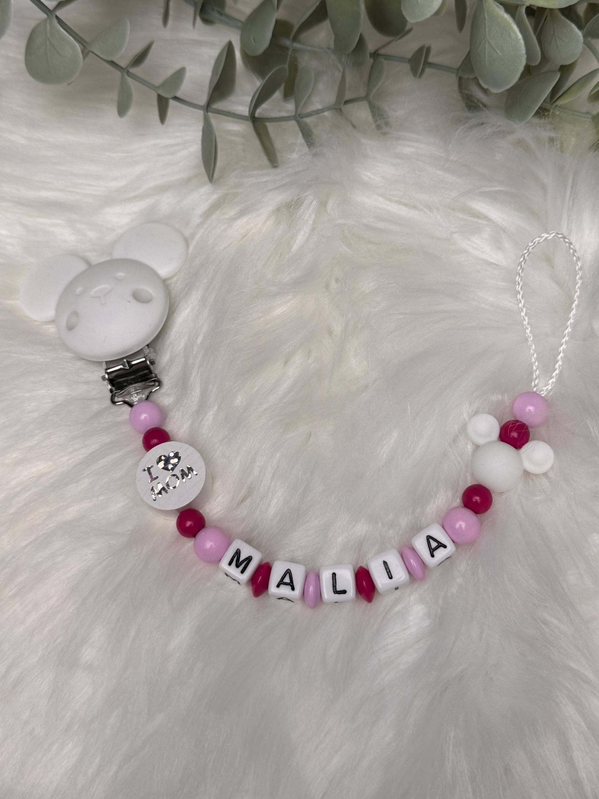 Schnullerkette Mit Namen, Rosa Weiß Pink, I Love Mom, Geschenkidee, Babyparty, Personalisiert Schnullerkette Mit Namen, Rosa Weiß Pink, I Love Mom, Geschenkidee, Babyparty, Personalisiert von Etsy - GlamAccessoires