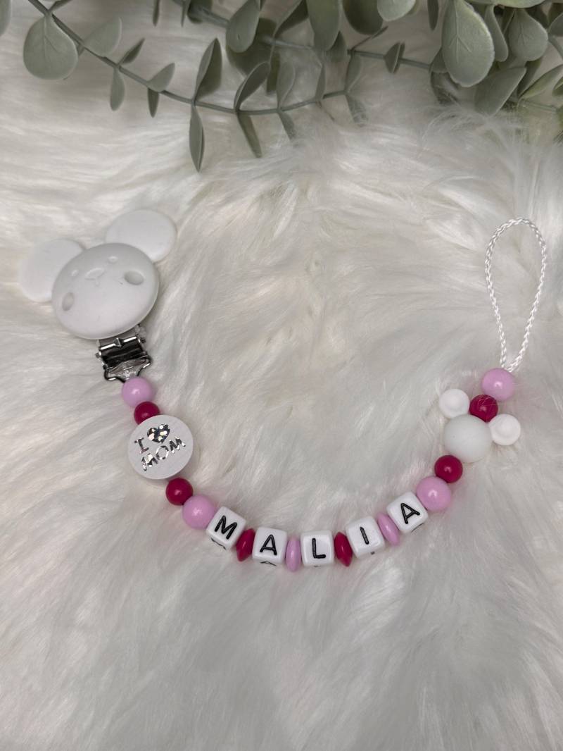 Schnullerkette Mit Namen, Rosa Weiß Pink, I Love Mom, Geschenkidee, Babyparty, Personalisiert von Etsy - GlamAccessoires