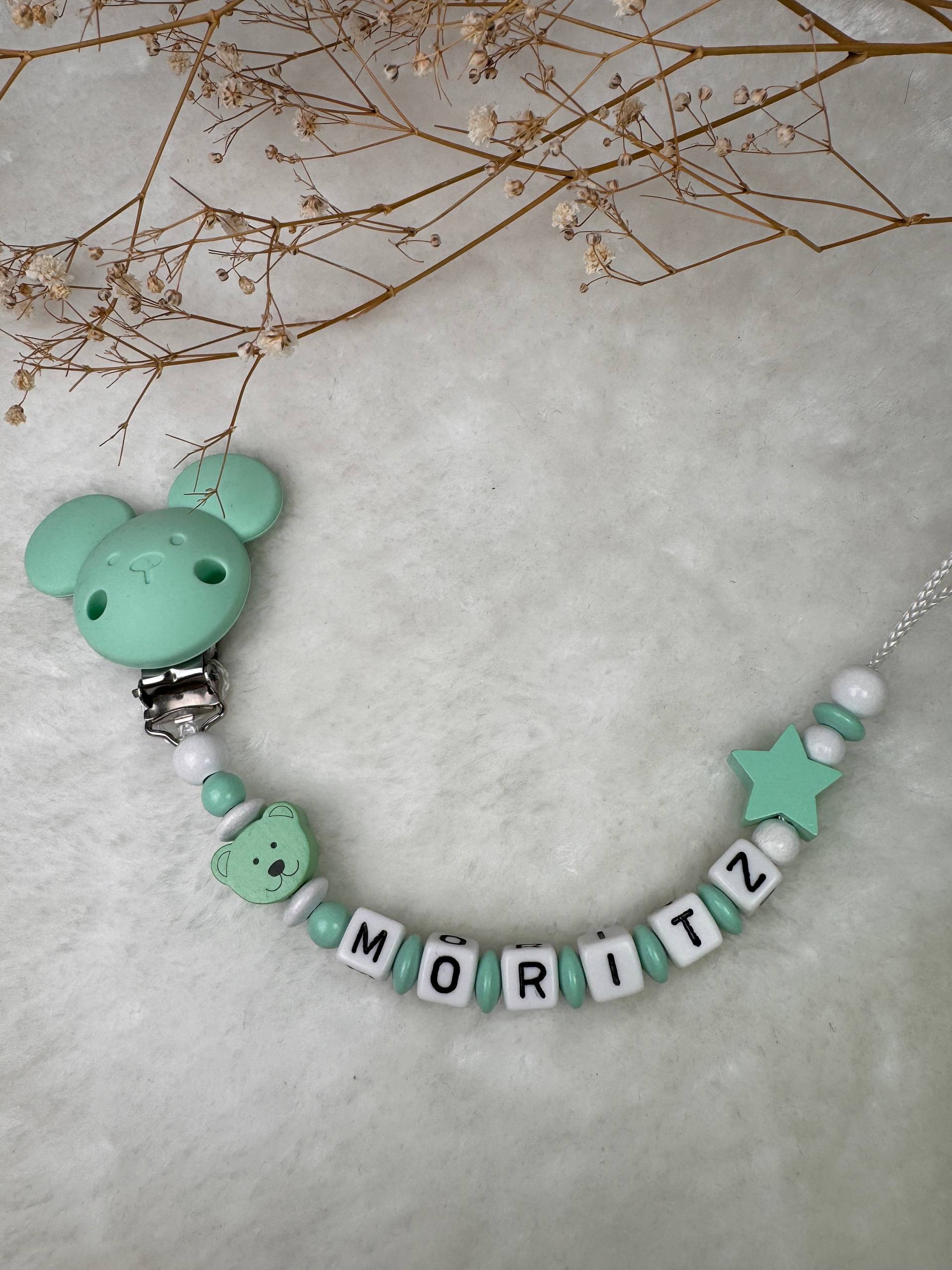Schnullerkette Mit Namen, Mint, Bärchen Und Maus Clip Geschenkidee, Babyparty, Personalisiert von Etsy - GlamAccessoires