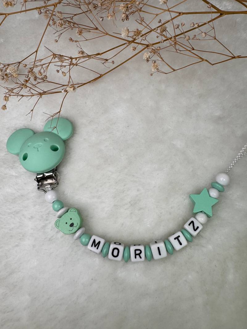 Schnullerkette Mit Namen, Mint, Bärchen Und Maus Clip Geschenkidee, Babyparty, Personalisiert von Etsy - GlamAccessoires