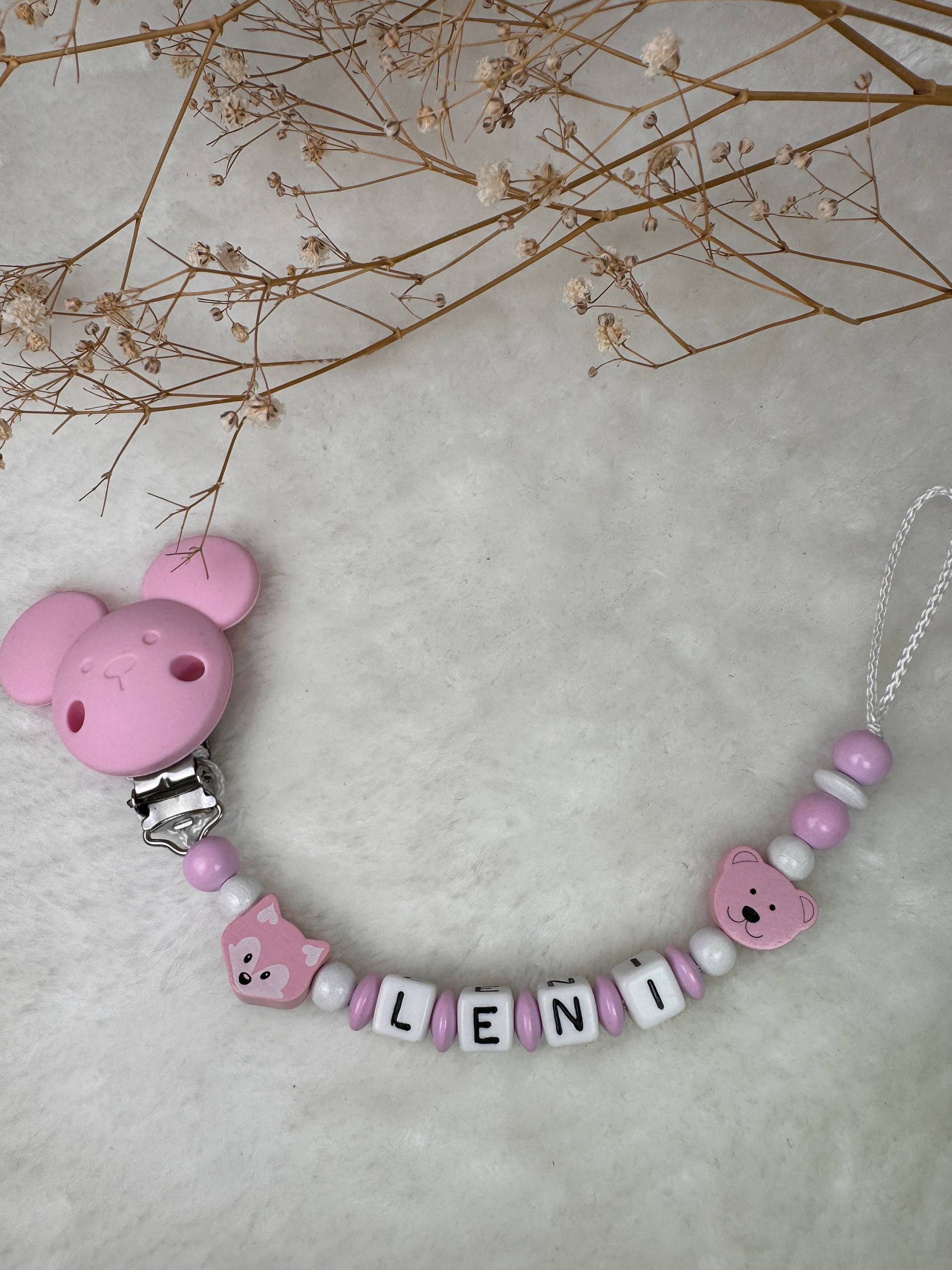 Schnullerkette Mit Namen, Rosa Einem Kleinen Fuchs Und Maus Clip Geschenkidee, Babyparty, Personalisiert von Etsy - GlamAccessoires