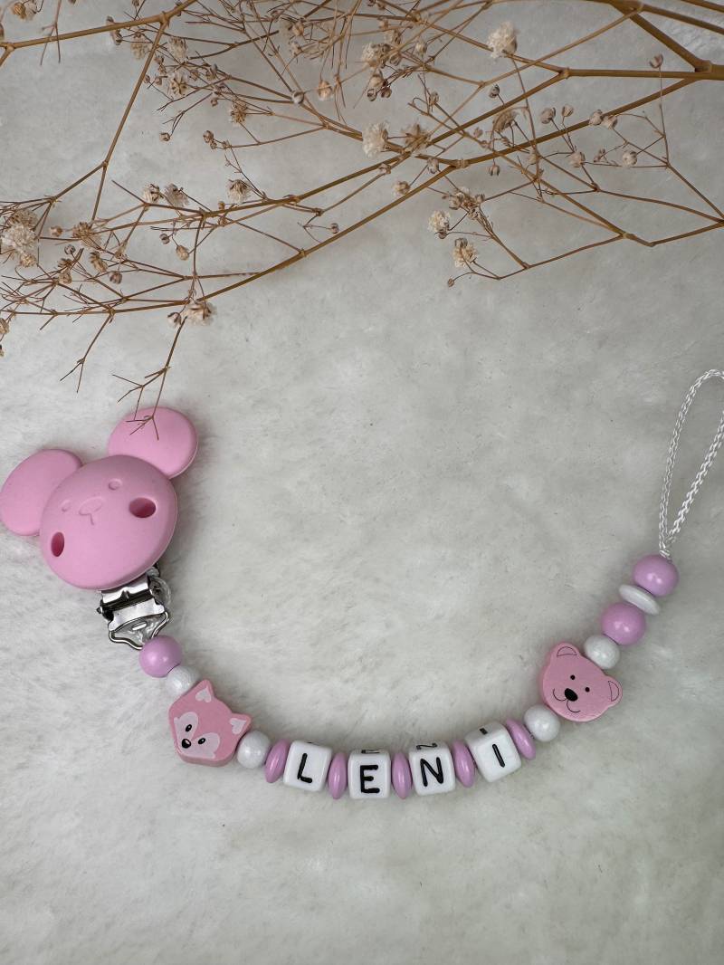 Schnullerkette Mit Namen, Rosa Einem Kleinen Fuchs Und Maus Clip Geschenkidee, Babyparty, Personalisiert von Etsy - GlamAccessoires