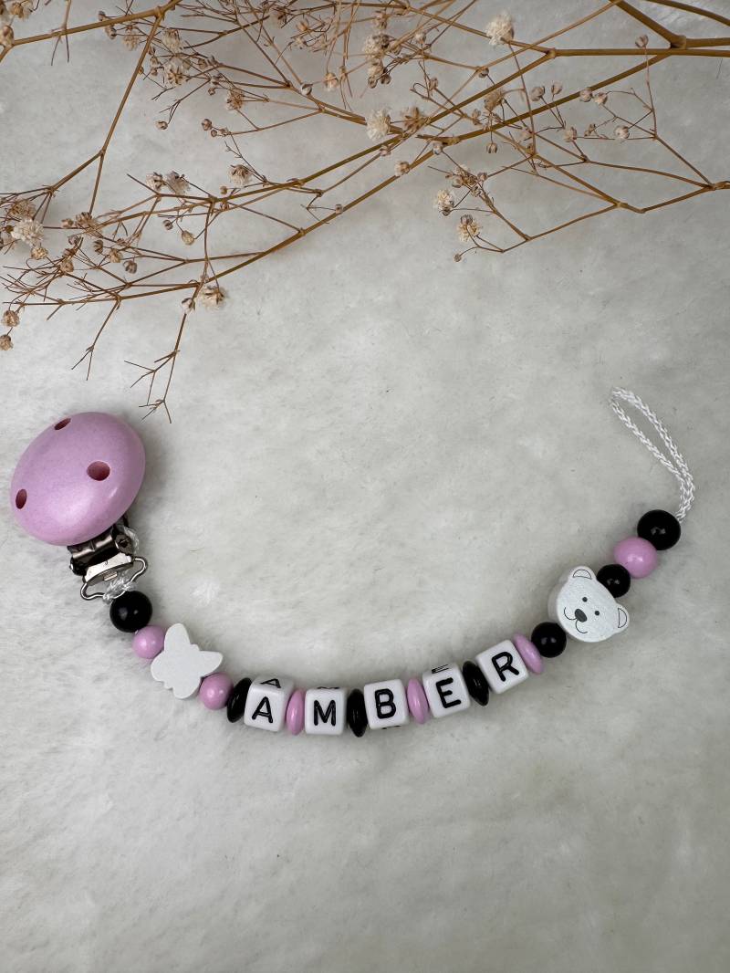 Schnullerkette Mit Namen, Rosa Schwarz, Schmetterling Und Bärchen Geschenkidee, Babyparty, Personalisiert von Etsy - GlamAccessoires