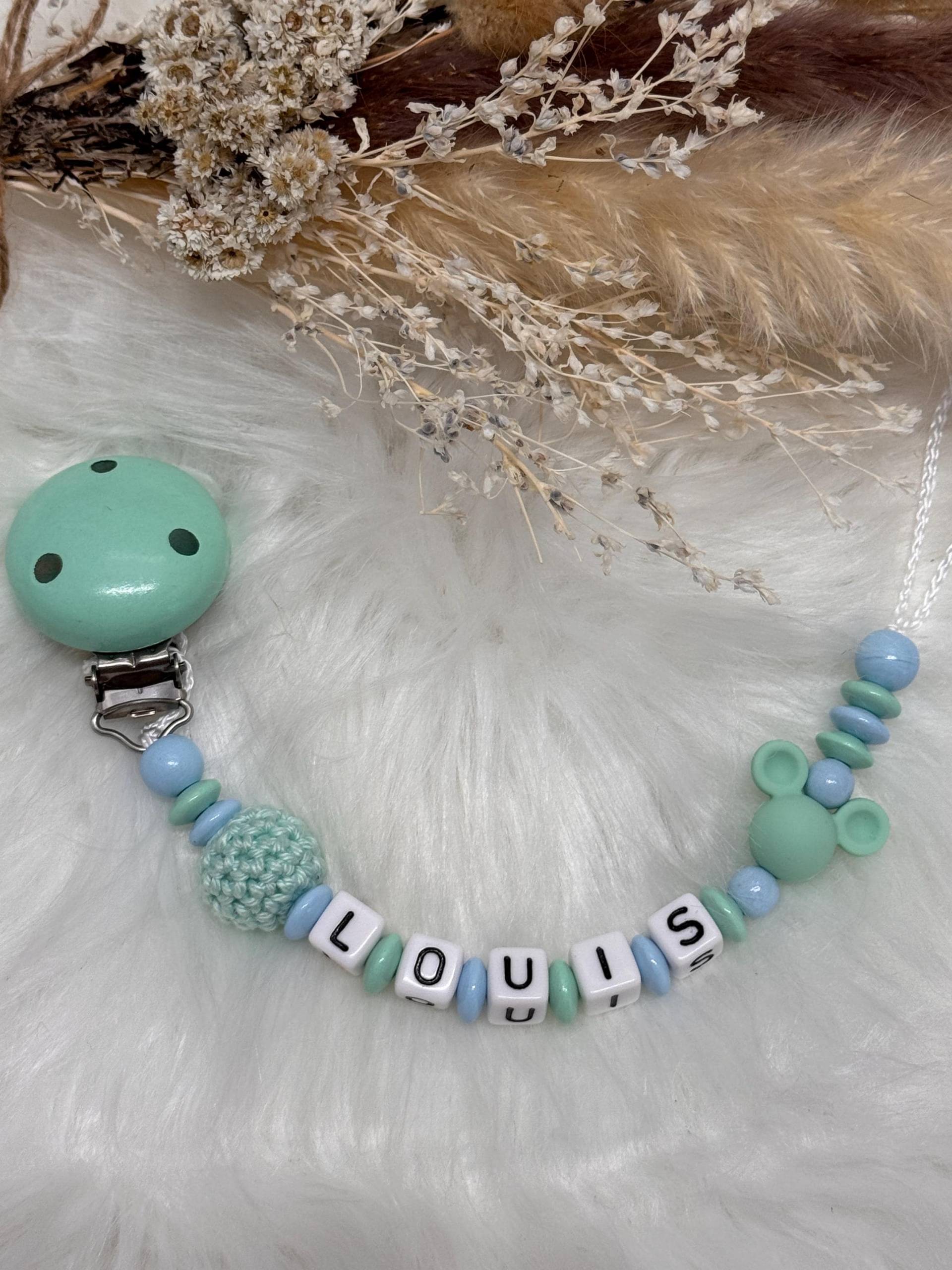 Schnullerkette Mit Namen in Mint Hellblau, Geschenkidee, Babyparty, Personalisiert, Personalisiertegeschenke von Etsy - GlamAccessoires