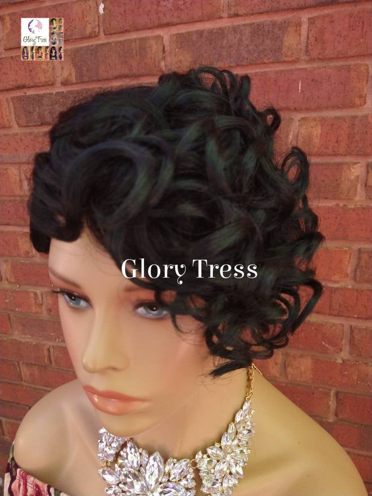 Kurze Perücke, Pixie Cut Frisur Mit Langem Seitenknall, Ombre Dunkelgrüne Glory Tress, Lace Seitenteil /Revive von Etsy - GloryTress