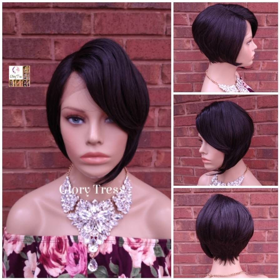 Lace Front Perücke - Perücken Dunkelbraune Bob Glory Tress Rasiermesserschnitt Mit Pony Kurze Versandbereit // Amazing von Etsy - GloryTress