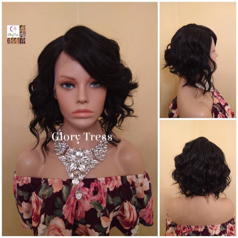Lace Front Perücke - Perücken Wavy Bob Schwarze Glory Tress Rasiermesser Schnitt Mit Pony Kurze // Dream von Etsy - GloryTress