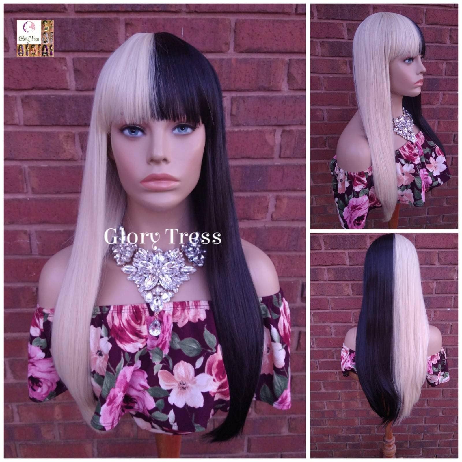 Lange Voll-Perücke, Perücke Mit China Pony, Halb Schwarze Perücke, Blonde Glory Tress Perücken // Show-stopper Lange Voll-Perücke, Perücke Mit China Pony, Halb Schwarze Perücke, Blonde Glory Tress Perücken // Show-stopper von Etsy - GloryTress