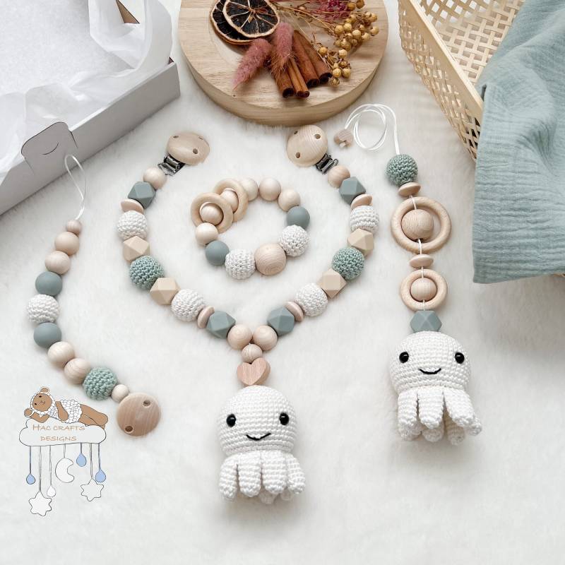 Oktopus Creme Mint Gehäkelt Sparset Kinderwagenkette Anhänger Schnullerkette Junge Mädchen von Etsy - HACCraftsLittle
