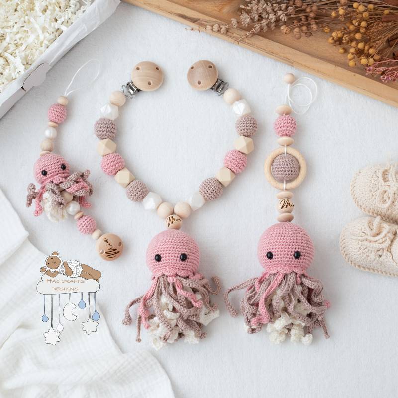 Personalisiert Qualle Sparset Kinderwagenkette Anhänger Schnullerkette Geburtsgeschenk Taufe Babyshower von Etsy - HACCraftsLittle