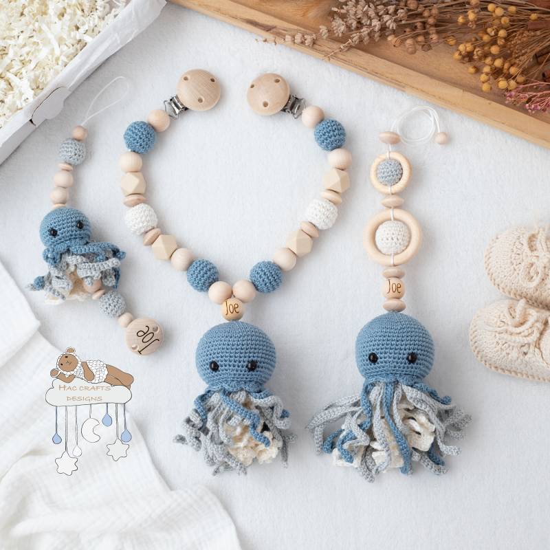 Personalisiert Qualle Sparset Kinderwagenkette Anhänger Schnullerkette Geburtsgeschenk Taufe Babyshower von Etsy - HACCraftsLittle